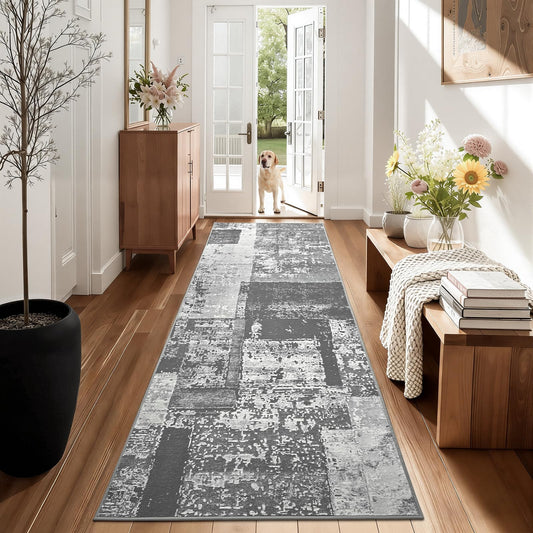 LOCHAS Washable Runner Rugs for Hallway, 2x6 Non Sip Soft Rug for Bedroom Entryway Kitchen Laundry Room, Long Abstract Carpet for Indoor Floor Bedside, Grey Geometric Vintage Decor, Pet & kid Friendly