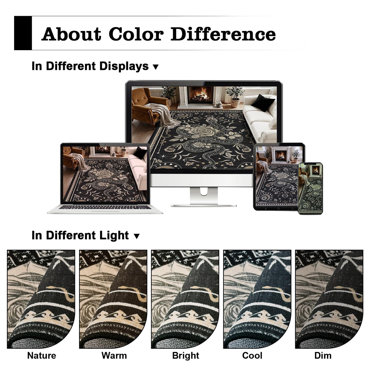 Yinhua Snake Living Room Rug 5x7 Rug Washable Gothic Rugs Non Slip, Soft Area Rugs Low Pile, Faux Wool Goth Carpet for Living Room, Bedroom, Dining Room, Black