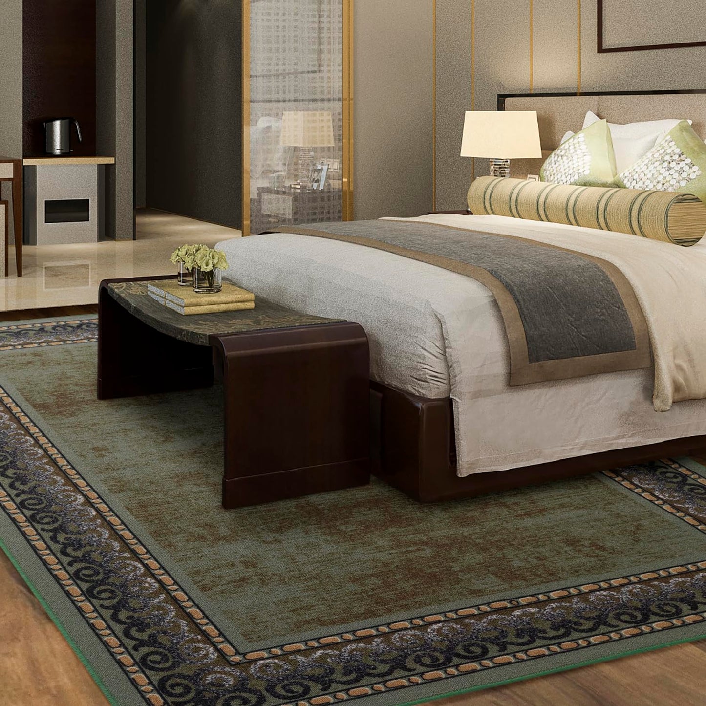 Antep Rugs Alfombras Bordered Modern 5x7 Non-Slip (Non-Skid) Low Pile Rubber Backing Indoor Area Rug (Green, 5' x 7')