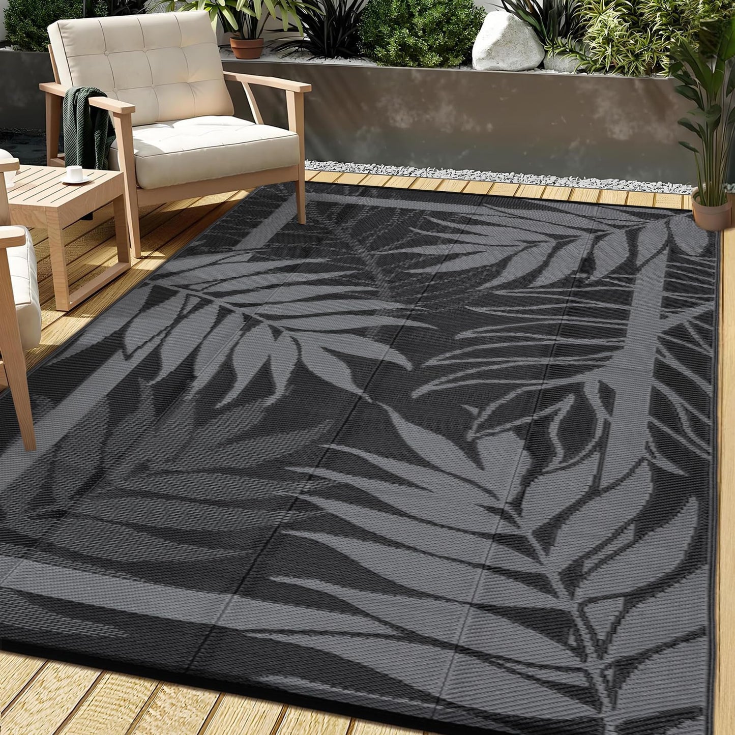 GAOMON 9'x18' Outdoor Rug Waterproof, Reversible Plastic Straw Rug for Large Patio, Backyard, Poolside, Deck – UV Resistant, Heavy Duty, Easy Clean Outdoor Carpet for High Traffic, Black&Brown