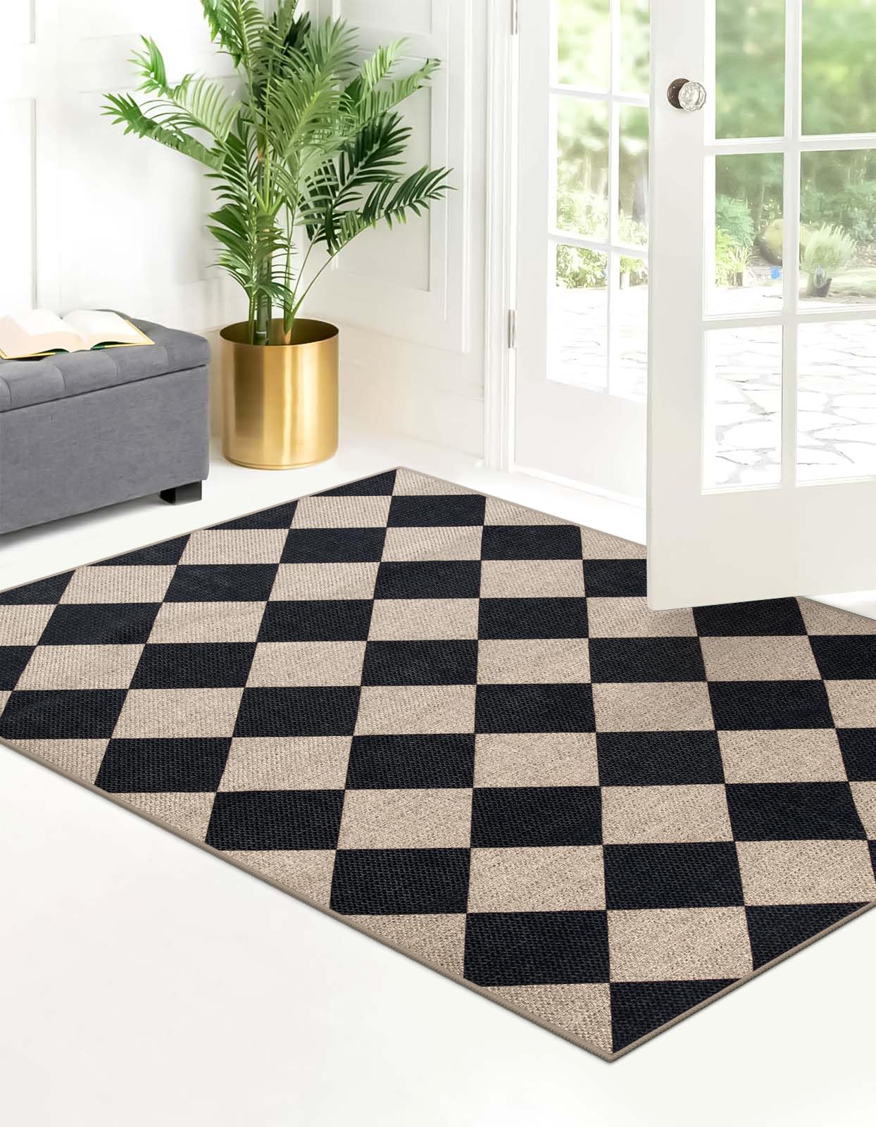 Lahome Colette Checkered Easy Jute 3x5 Outdoor Patio Rug, Washable Rugs for Entryway Diamond Indoor Outdoor Living Room Carpet, Farmhouse Neutral Non Slip Black Door Carpet for Backyard Bedroom