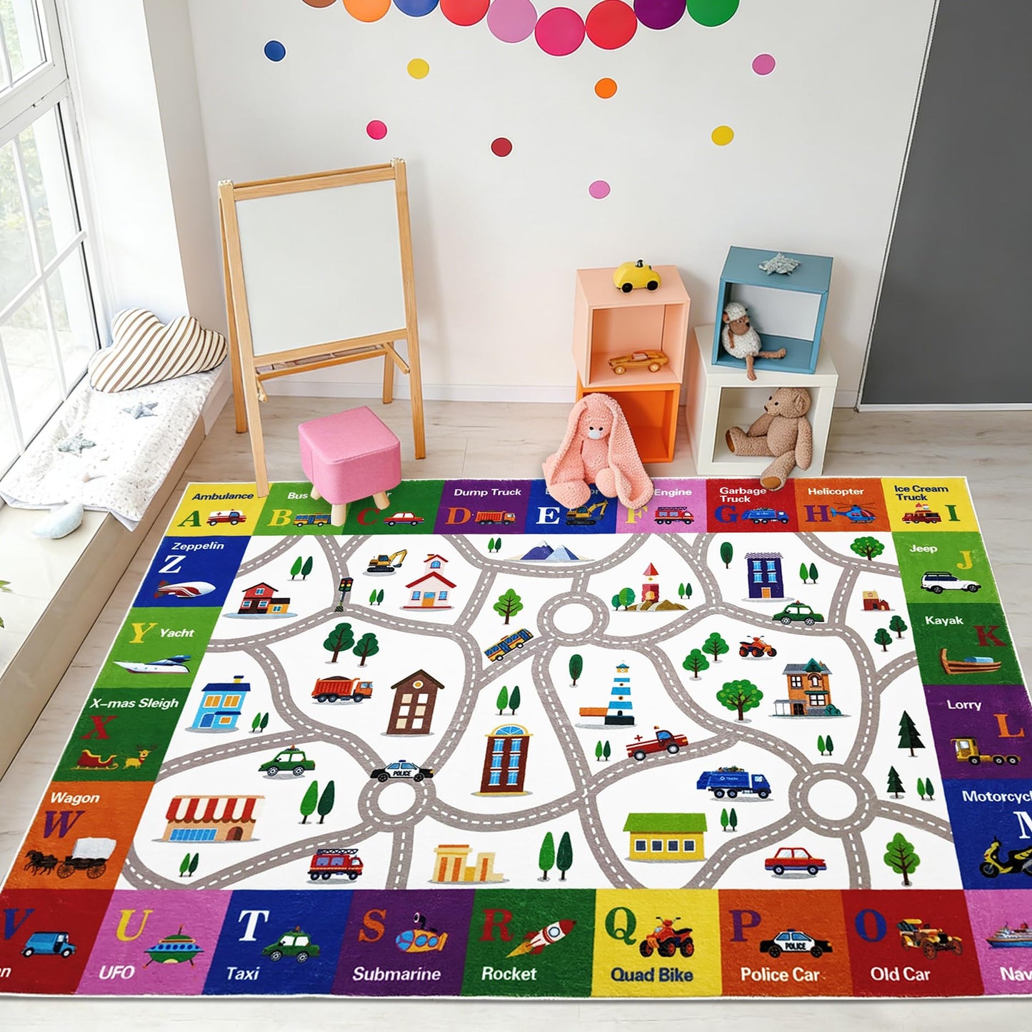 Lacomfy Kids Rug 4x6Ft ABC Car Road Map Play Mat Carpet for Boys Girls Bedroom Playroom Classroom, Vehicles & Alphabet Town Track Learning and Educational Children Area Rug, Nonslip, Indoor Decor