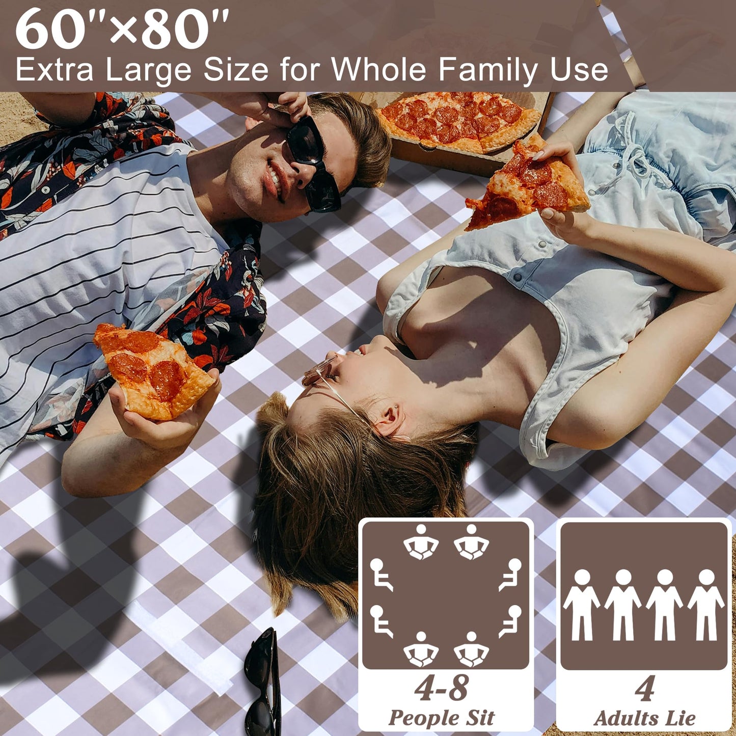 ALLBFENG 80"x60" Waterproof Sandproof Picnic Mat - Portable Foldable Outdoor Blanket for Beach, Park, Travel & Indoor Use - Lightweight Compact Design, Easy-Carry (Light Brown)