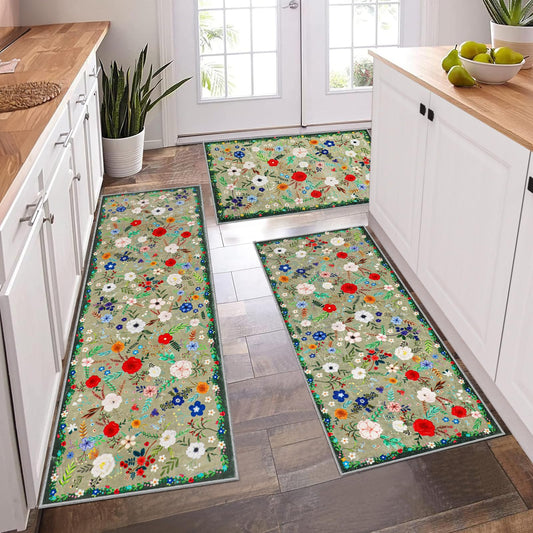 PCSWEET HOME Floral Kitchen Rugs Sets of 3 Non Slip Kitchen Rugs and Mats Washable Farmhouse Kitchen Rugs Spring Floral Kitchen Floor Mat Carpet Runner Rugs for Hallway Laundry Room, Green