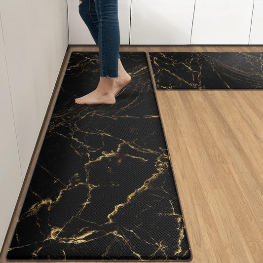 Arttown Anti-Fatigue Kitchen Rug Set of 2 Marble Black Gold Abstract Cushioned Floor Mat, Standing Waterproof Non-Slip Mat and PVC Ergonomic Comfort Foam Rug for Kitchen