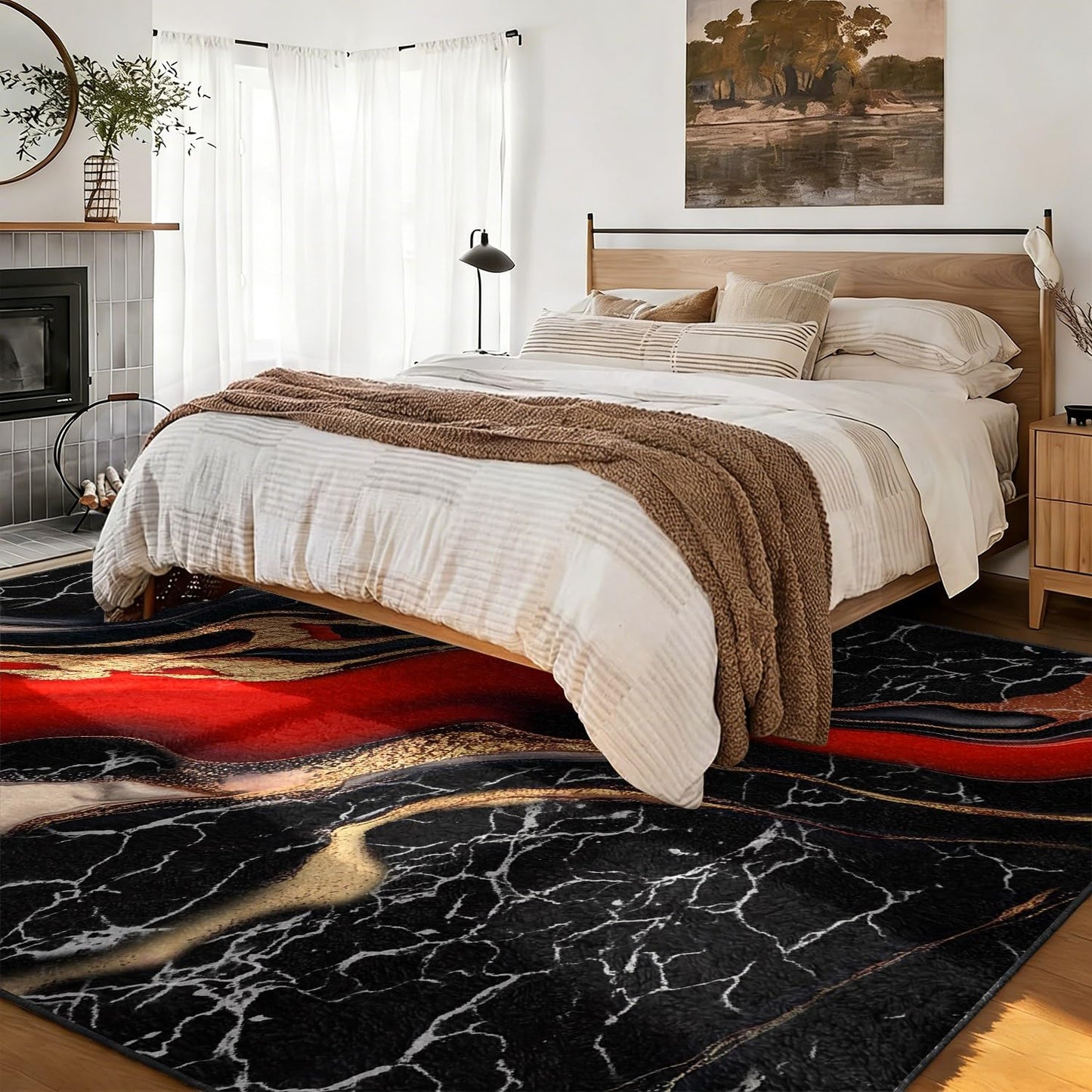 RSJLFHE 4x6ft Area Rug for Living Room, Elegant Red Black Gold Abstract Marble Washable Rug, Non Slip Low Pile Fluid Ink Design Stain Resistant Indoor Carpet for Bedroom Office Home Decor