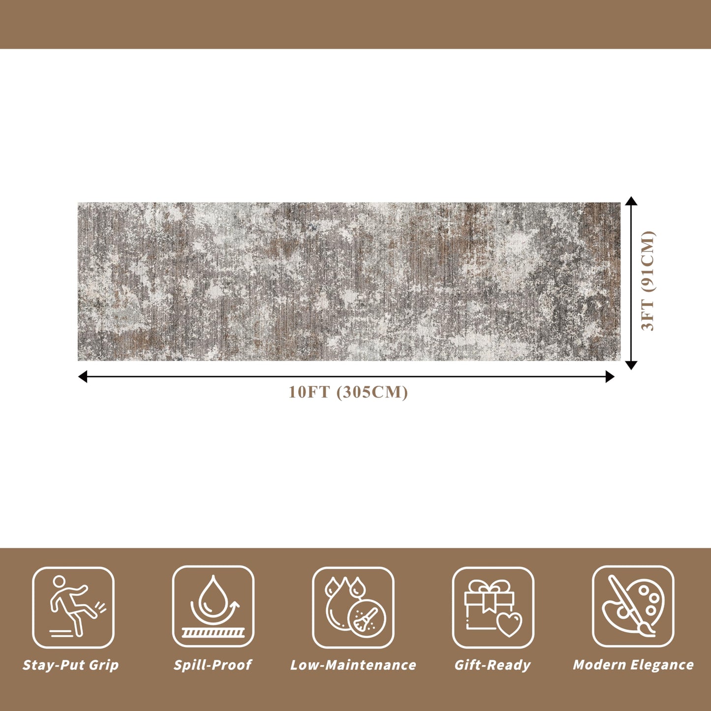 3x10 ft Long Hallway Runner Rug – Non-Slip Washable Kitchen Floor Rug with Rubber Backing, Modern Low Pile Thin Wide Carpet Runners for Bedroom, Entryway Indoor (Brown Beige,3x10)