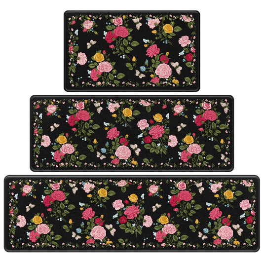 Kitchen Rugs Set of 3, Vintage Floral Rugs for Kitchen Floor, Anti Fatigue Cushioned Non Slip Kitchen Mats, Waterproof Comfort Standing Mat for Home Laundry Office Sink,18x30,18x48,18x60 Inch, Black