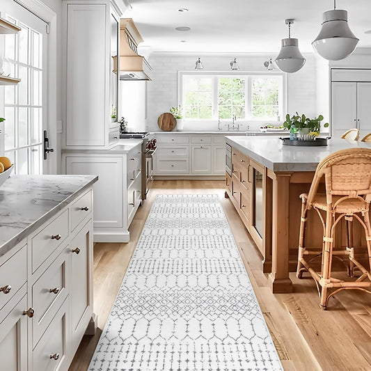 Lahome Moroccan Kitchen Runner Rug - 2x8 Non-Slip Washable Hallway Rug Runner Ultra-Thin Soft Throw Bathroom White Print Distressed Carpet for Entryway Laundry Room Living Room Hana