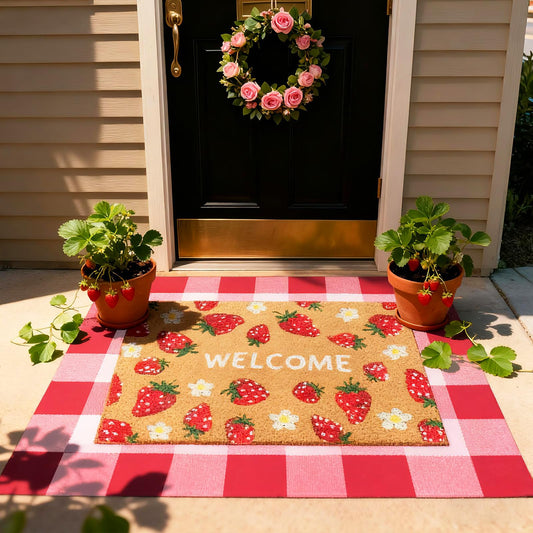 Whaline 2 Pcs Strawberry Daisy Doormat Set Floor Mat Red Pink Checkered Fruit Coir Non-Slip Front Door Rug for Spring Summer Outdoor Home Kitchen Bathroom Entrance Porch