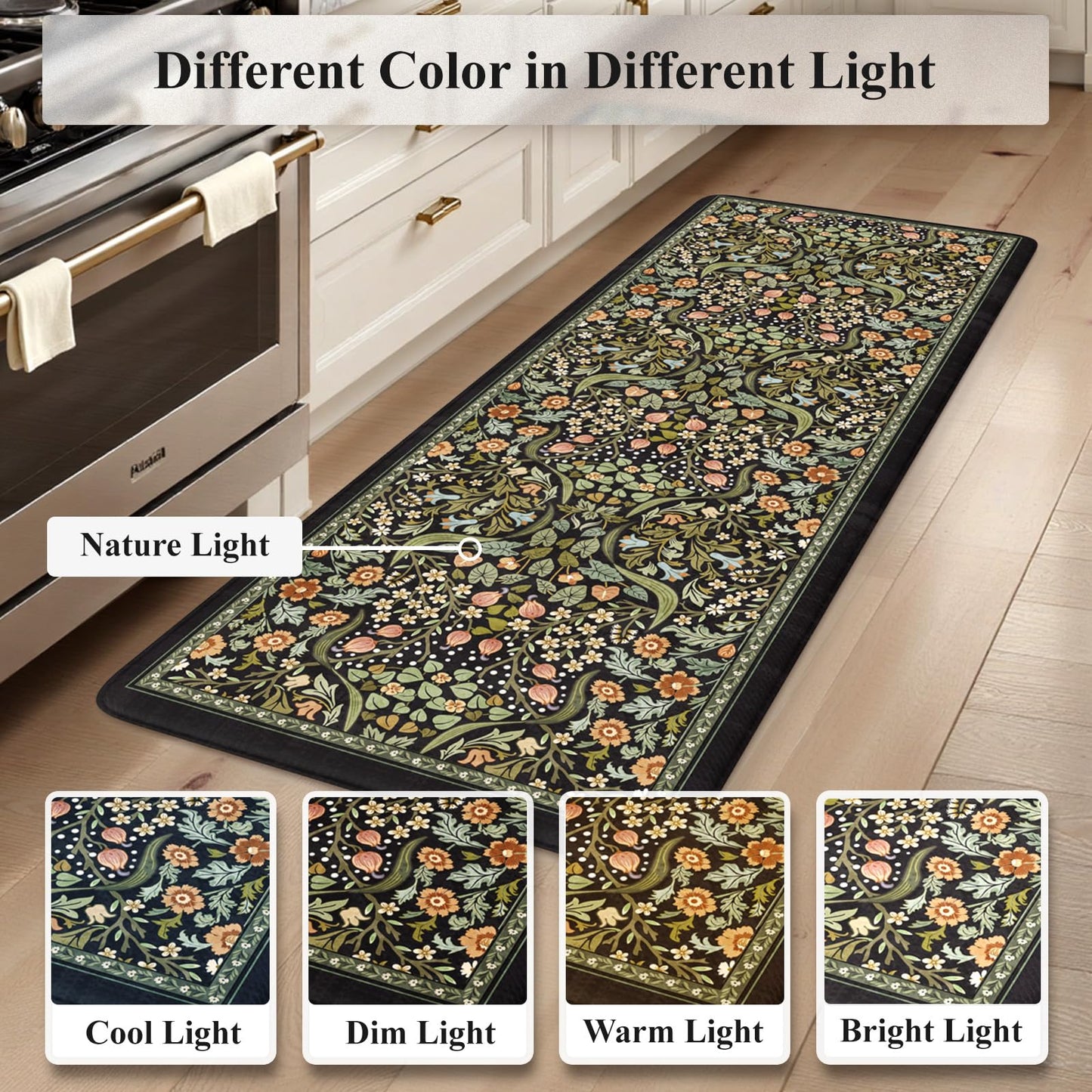 Collive Kitchen Mats for Floor, Cushioned Anti Fatigue Mat Black Floral Rugs Non Skid Waterproof Sink Rug, Memory Foam Comfort Standing Mat for Office, Laundry, Desk, 24''x71''