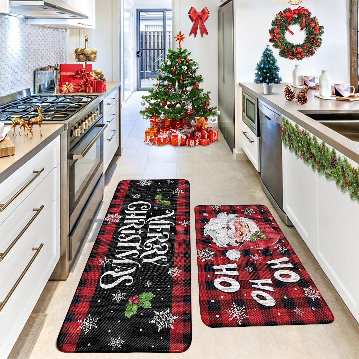 RUIZHUO Christmas Kitchen Rugs Set of 2 Plush Velvet Mats Xmas Floor Decor for Holiday Home Non Slip Kitchen Bathroom Rugs 16x24+16x48 Inch (Santa Claus)