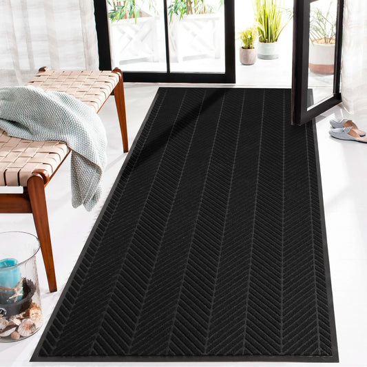 2′ x 6′ Heavy Duty Front Door Mat Indoor Outdoor Entrance, Easy Clean Non-Slip All Weather Commercial Floor Mat for Entryway, No Curling Waterproof Vinyl Welcome Mat (Black)