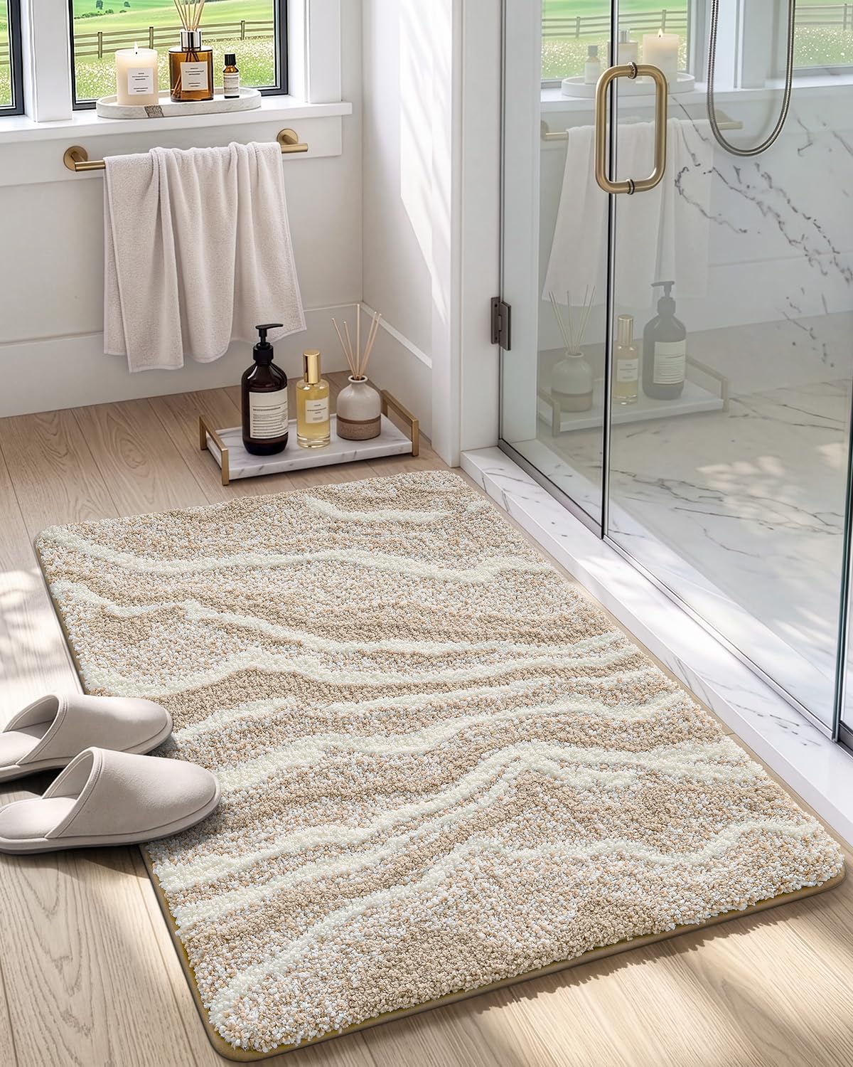 DEXI Bathroom Rug Mat 30x17, Soft and Absorbent Marble Bath Mat, Non Slip Machine Washable Bath Rugs for Shower Floor, Tub, Sink, Beige