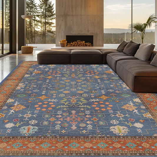 shinefly 8x10 Washable Area Rugs for Living Room, Non-Slip Stain Resistant Soft Vintage Extra Large Area Rug, Low Pile Indoor Boho Rug for Bedroom Dining Room Farmhouse (Indigo Terracotta)