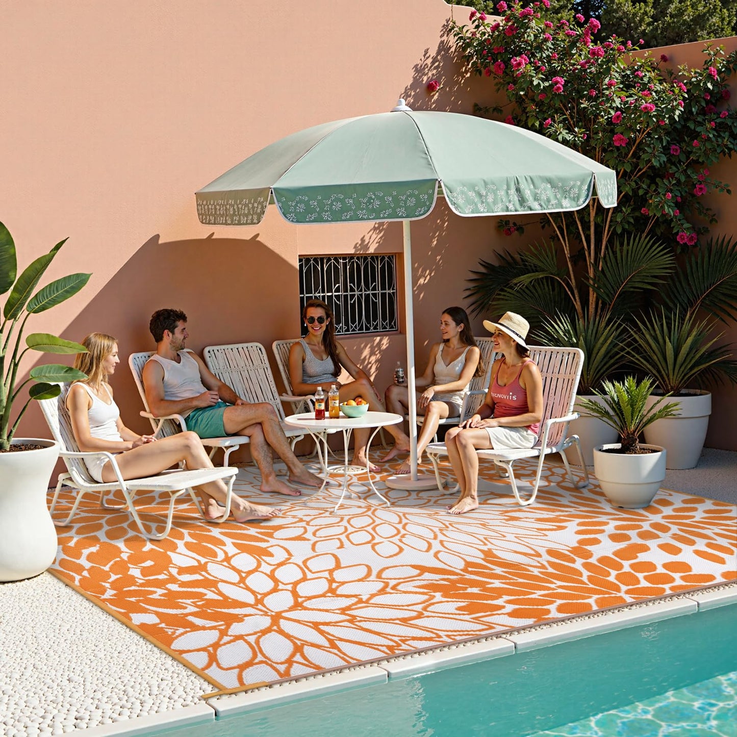 Anidaroel Outdoor Rugs 8x10ft for Patios Clearance Waterproof, Reversible Tropical Plastic Straw Camping Mat Outside Rug, Large Outdoor Area Rug for RV, Deck, Balcony, Picnic(Orange,8'x10')