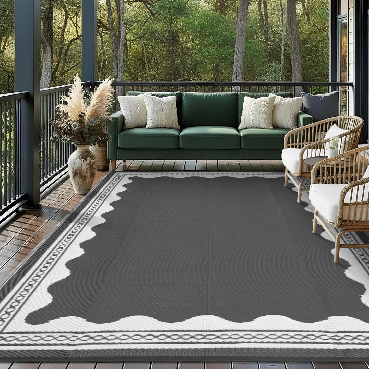 GarveeHome Outdoor Rug 10x14 Patio Waterproof, Reversible Plastic Straw Rugs for Camping, Picnic, Balcony, Porch, RV, Easy-Clean & Quick Dry Scalloped Pattern Large Indoor Outdoor Carpet, Grey