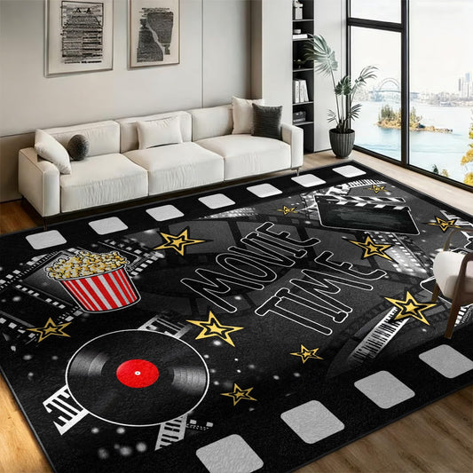 Vintage Movie Theater Area Rug, 5x6ft Black and Gray Retro Film Strip Carpet with Popcorn and Vinyl Record, Movie Time Floor Mat Non-Slip, Washable, Low-Pile Rugs for Media Room Home Theater