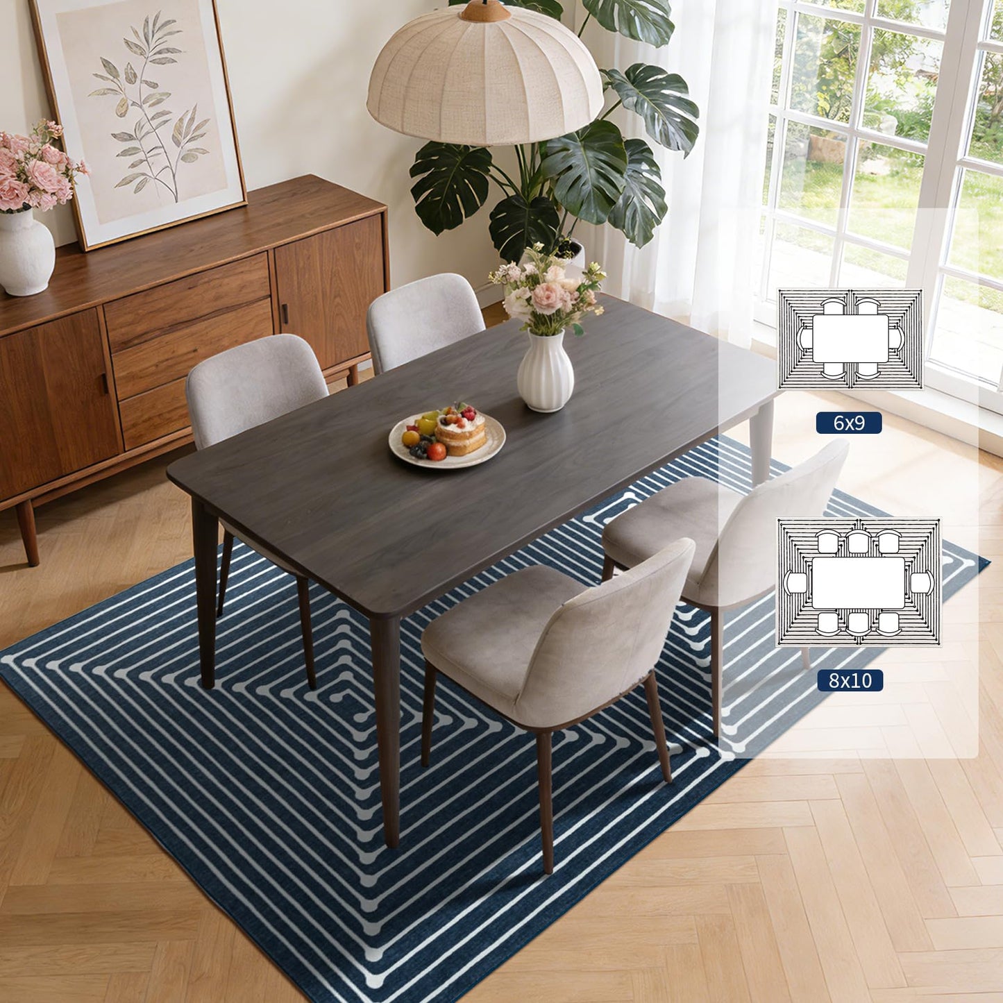 YIHOUSE Washable 5x7 Area Rugs for Living Room, Navy Blue Striped Rug for Bedroom Playroom Non Slip Low Pile, Soft Modern Geometric Carpet for Entryway Home Office Decor