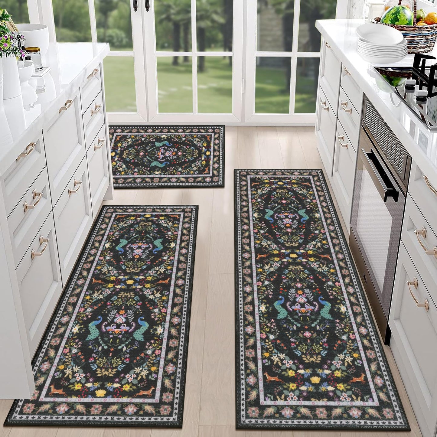 HEBE Washable Kitchen Rugs Sets of 3, Non Slip Absorbent Kitchen Rugs and Mats, Farmhouse Stain Resistant Kitchen Mat Carpet Runner for Kitchen Floor, Laundry Room, Hallway