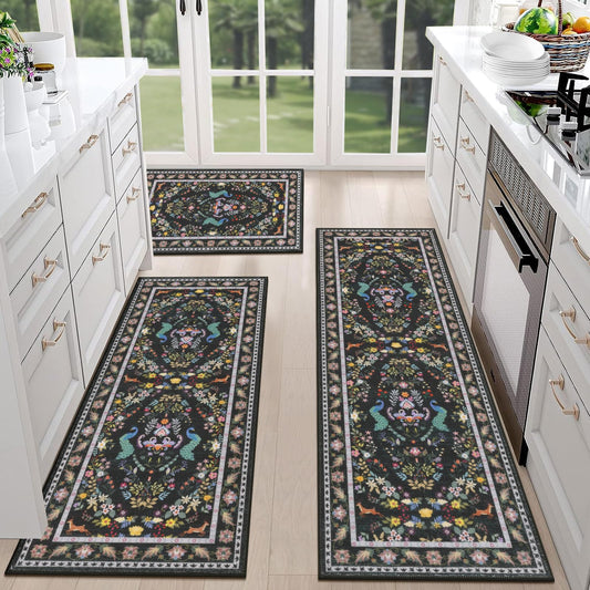 HEBE Washable Kitchen Rugs Sets of 3, Non Slip Absorbent Kitchen Rugs and Mats, Farmhouse Stain Resistant Kitchen Mat Carpet Runner for Kitchen Floor, Laundry Room, Hallway