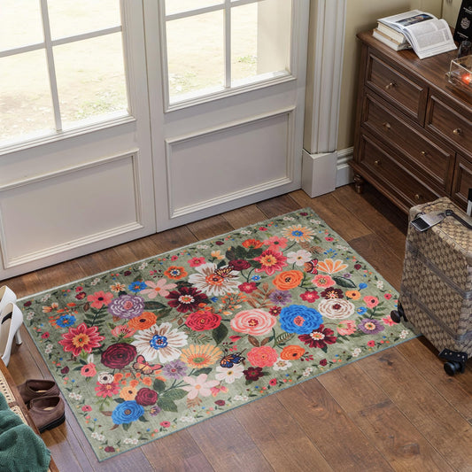 Floral Rug for Entryway, Green 2X3 Washable Kitchen Mat Ultra-Thin Soft, Non-Slip Indoor Door Carpet Stain Resistant Boho Small Low-Pile Throw for Bathroom Bedroom (Green Garden, 2 x 3)