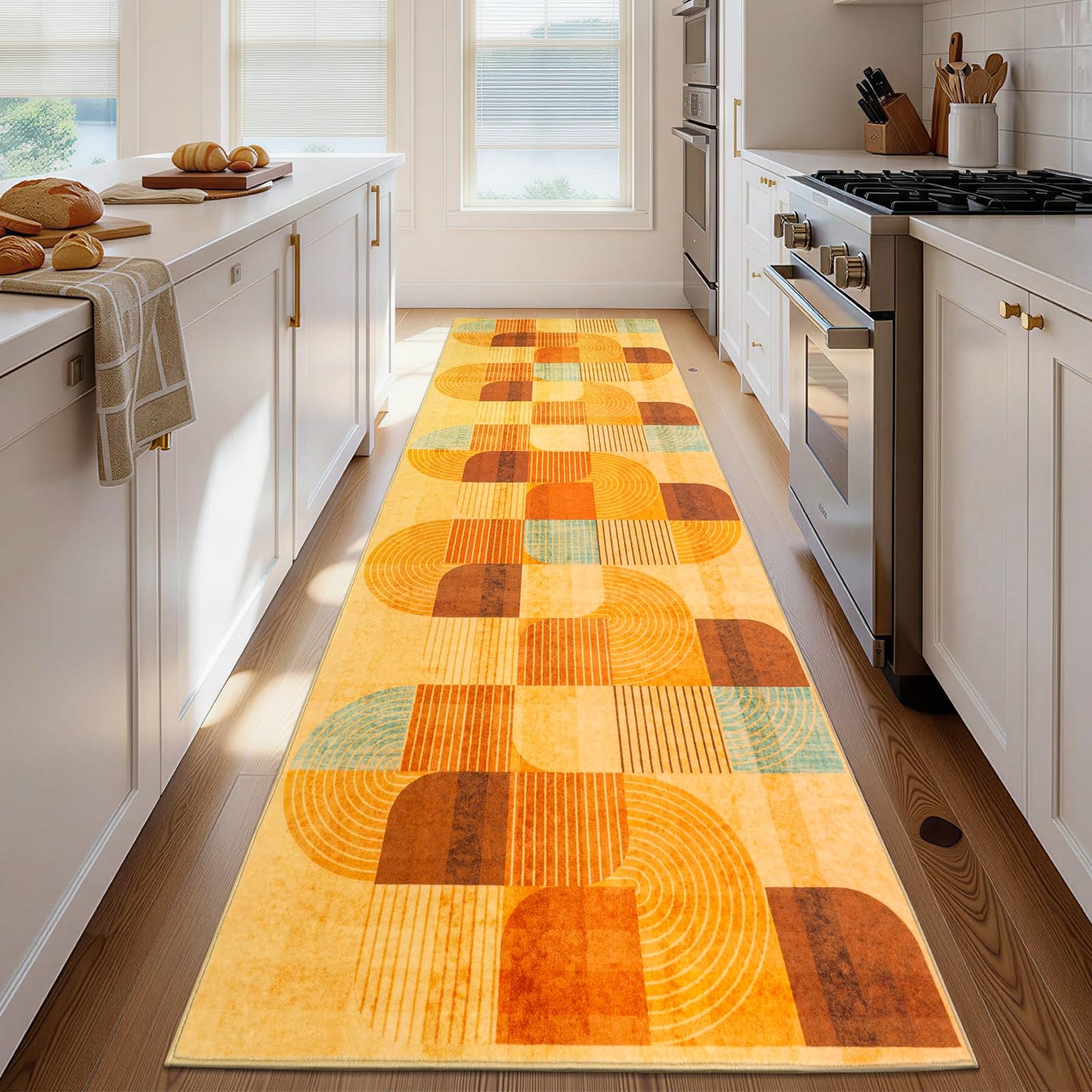 Ailyei 4x10 ft Wide Hallway Runner Rug, Soft Non Slip Washable Modern Geometric Kitchen Rugs, Wide Low-Pile Boho Floor Mat for Entrance, Bedroom, Entryway, Bathroom (Orange, 4x10 ft)