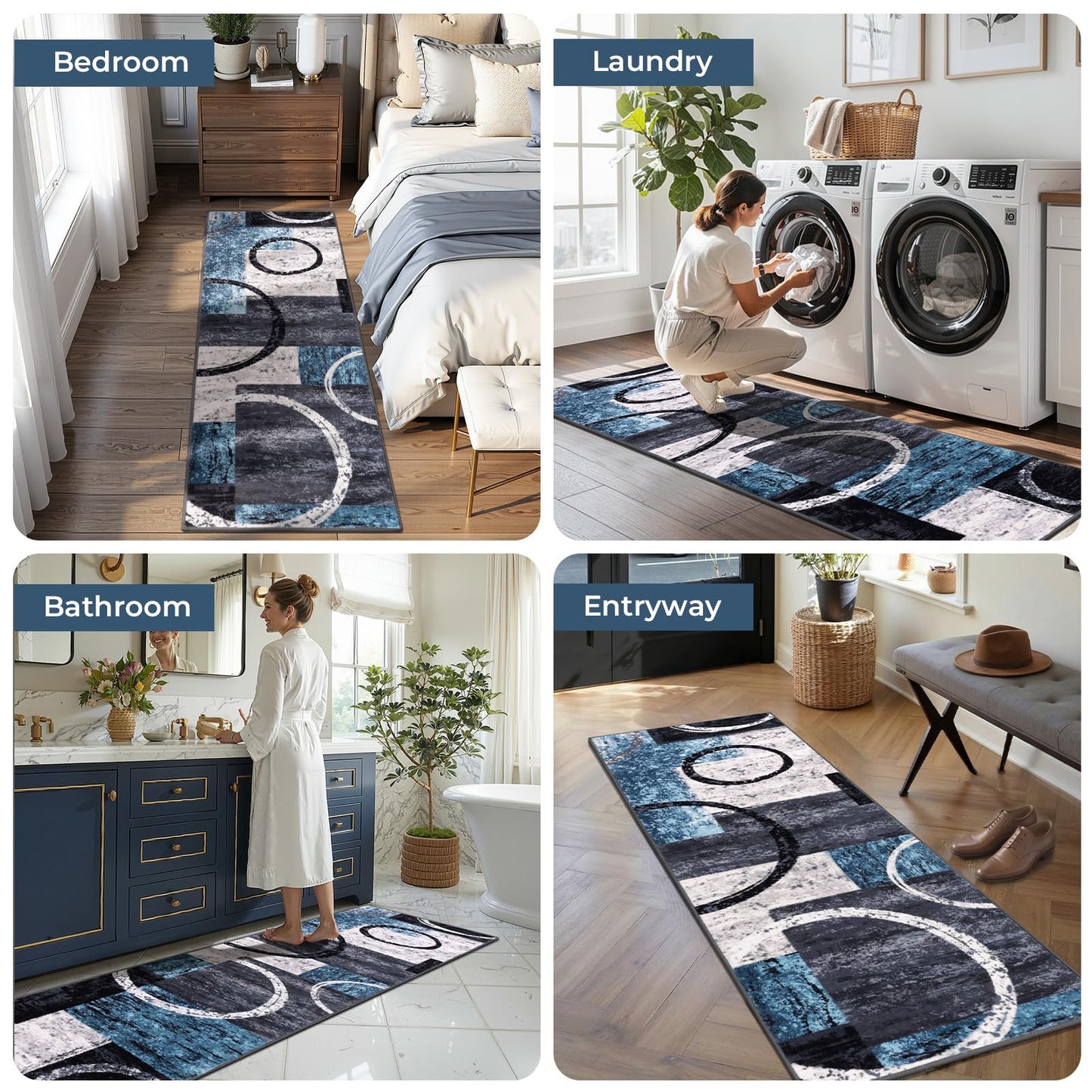 Yamaziot Modern Abstract Runner Rug, Ultra Soft 2x8 Washable Rug with Non-Slip Backing, Low Pile Patchwork Throw Carpet for Hallway, Entryway, Kitchen, Bedroom (Blue, Geometric Circle)