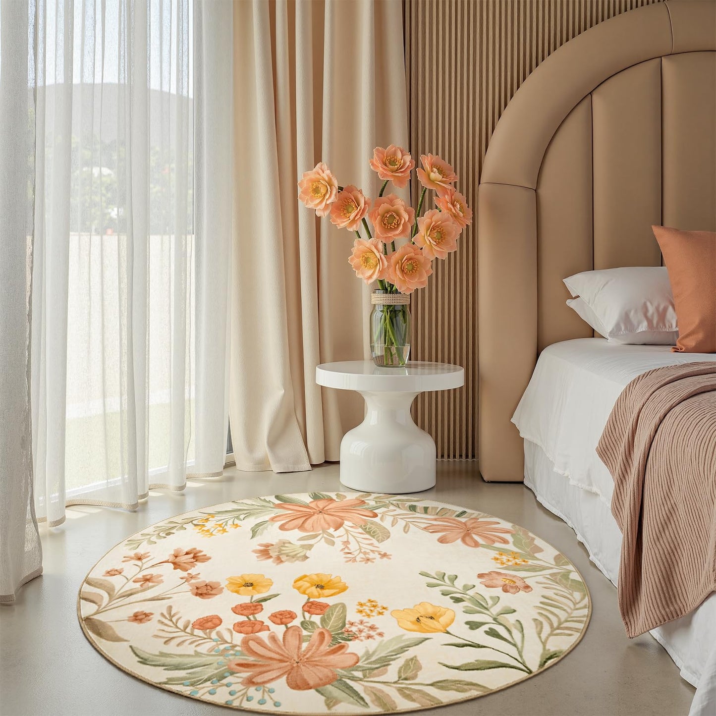 jinchan 4ft Round Floral Area Rug for Entryway - Washable Soft Non-Slip Flower Rug Circle 4' Round Accent Rug for Living Room Bedroom Dining Room Coral Pink on Beige