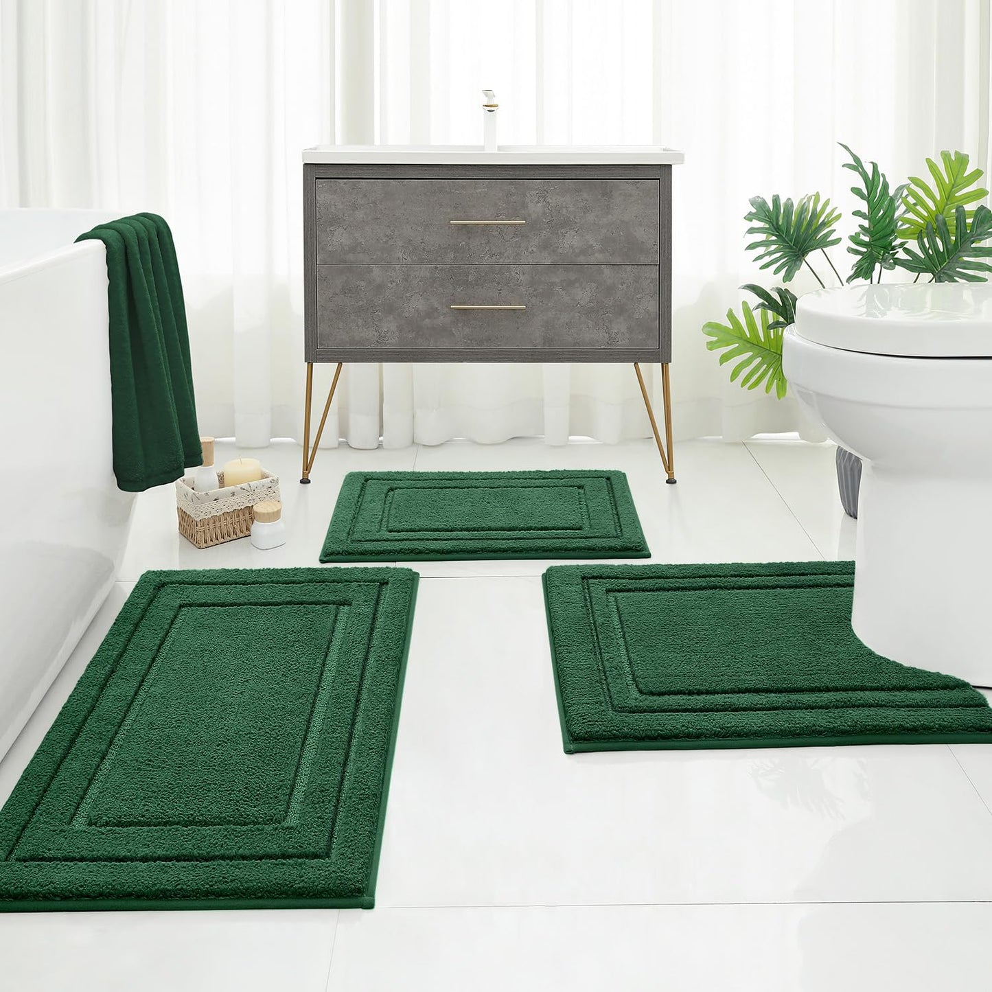 HOMEIDEAS Bathroom Rugs Sets 3 Piece, Super Soft and Absorbent Non Slip Microfiber Toilet Bath Mat with U-Shaped (Dark Green)