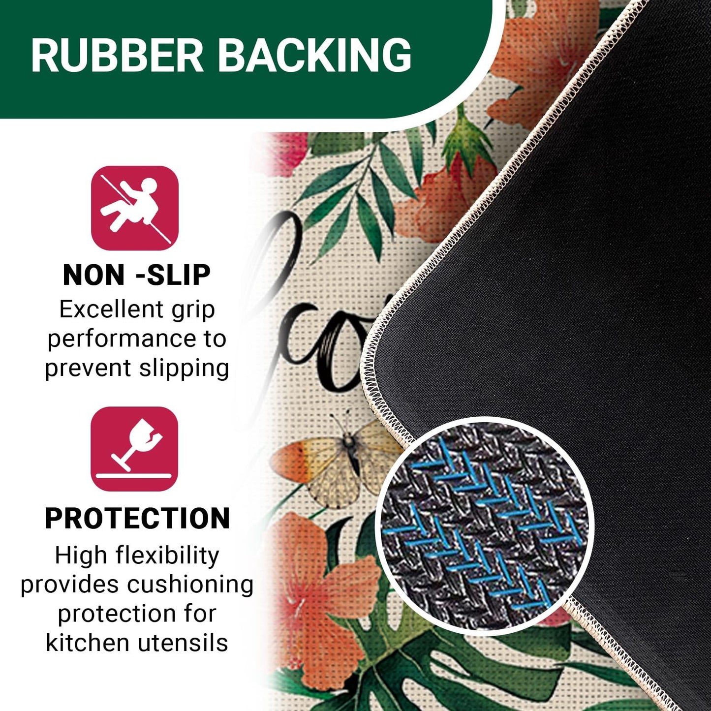Livcoz Welcome Spring Summer Tropical Plants Kitchen Rugs Set of 2, Hibiscus Flower Palm Leaves Butterfly Floor Mats Home Decor, Floral Botanical Door Mat Decorations - 17x29 and 17x47 Inches