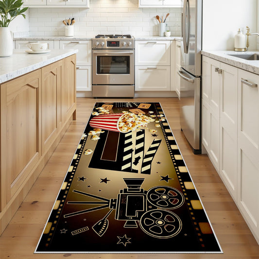 Egljss Movie Theater Rugs 4x10 - Popcorn Rugs for Kitchen, Cinema Clapboard Runner Rug for Hallway, Filmstrip Movie Area Rug Non Slip Washable, Film Popcorn Carpets for Living Room - Theater Decor