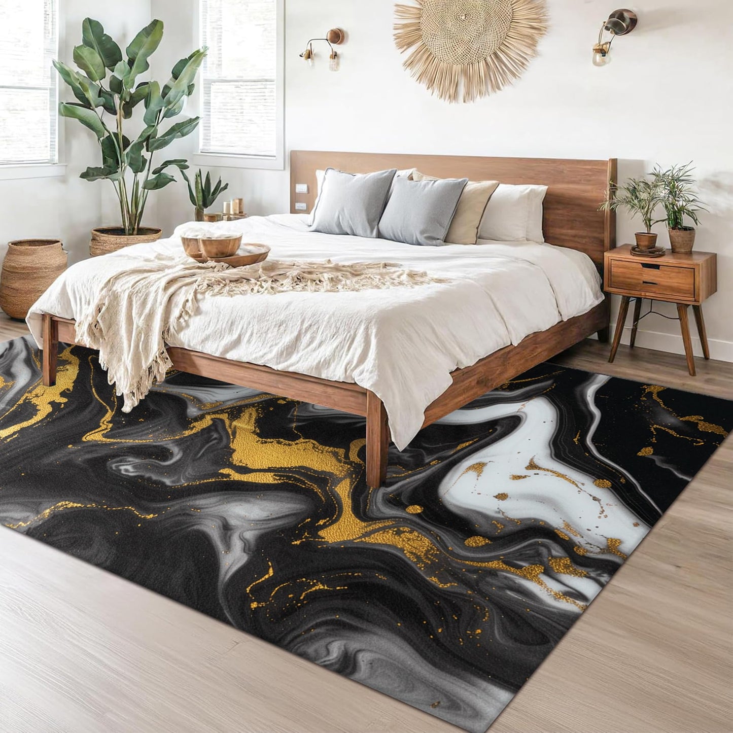EDGZKO Black and Gold Area Rug: 6x9 Feet Abstract Black Marble Rugs for Living Room Washable Non Slip Floor Carpet Aesthetic Doormat for Dining Room Bedroom Kitchen Dorm Office