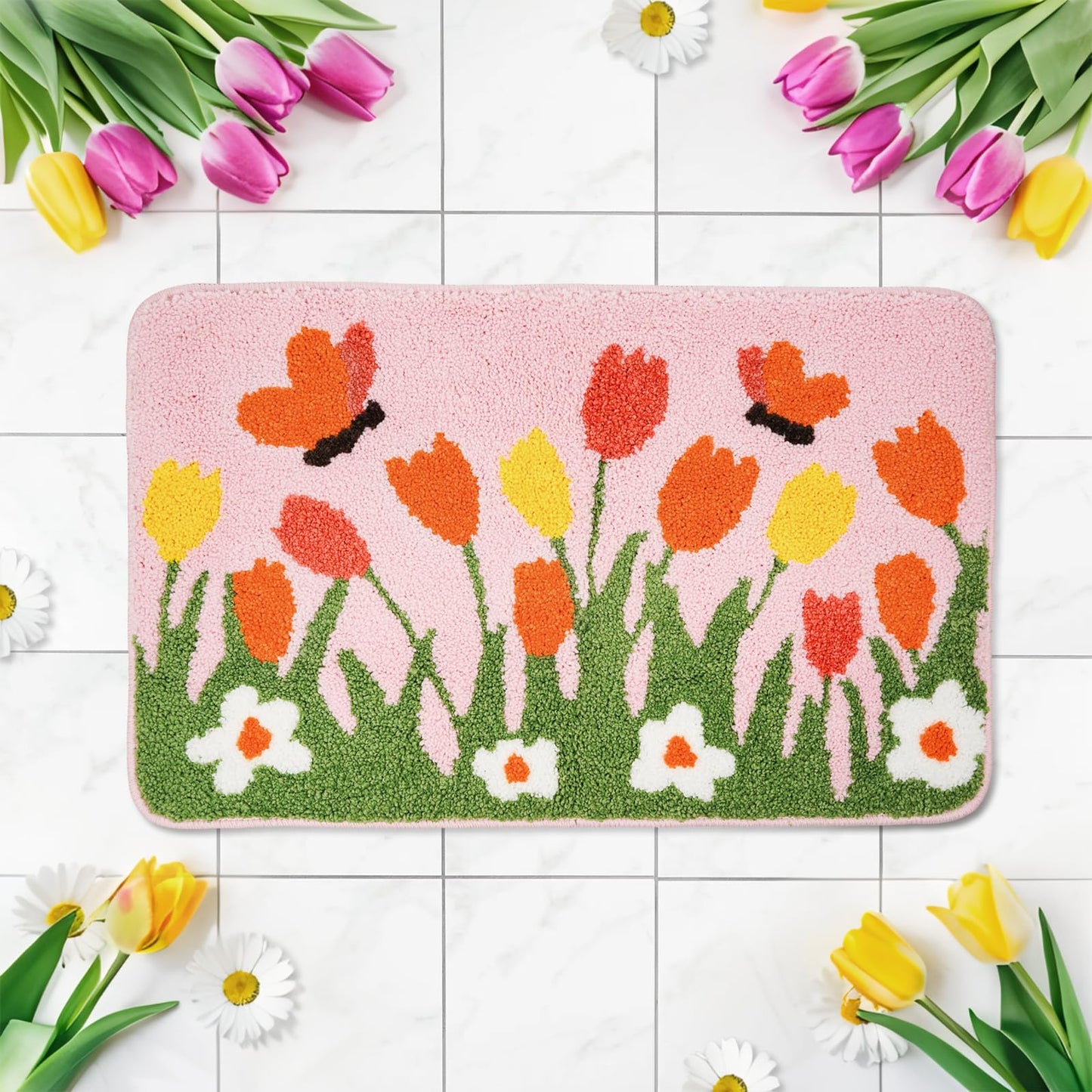 QIONG MENG Spring Bath Mat Flower Bathroom Rug Tulips Home Decor Indoor Bathroom Mat Doormats 17 x 27 Inch for Tub Home Living Room