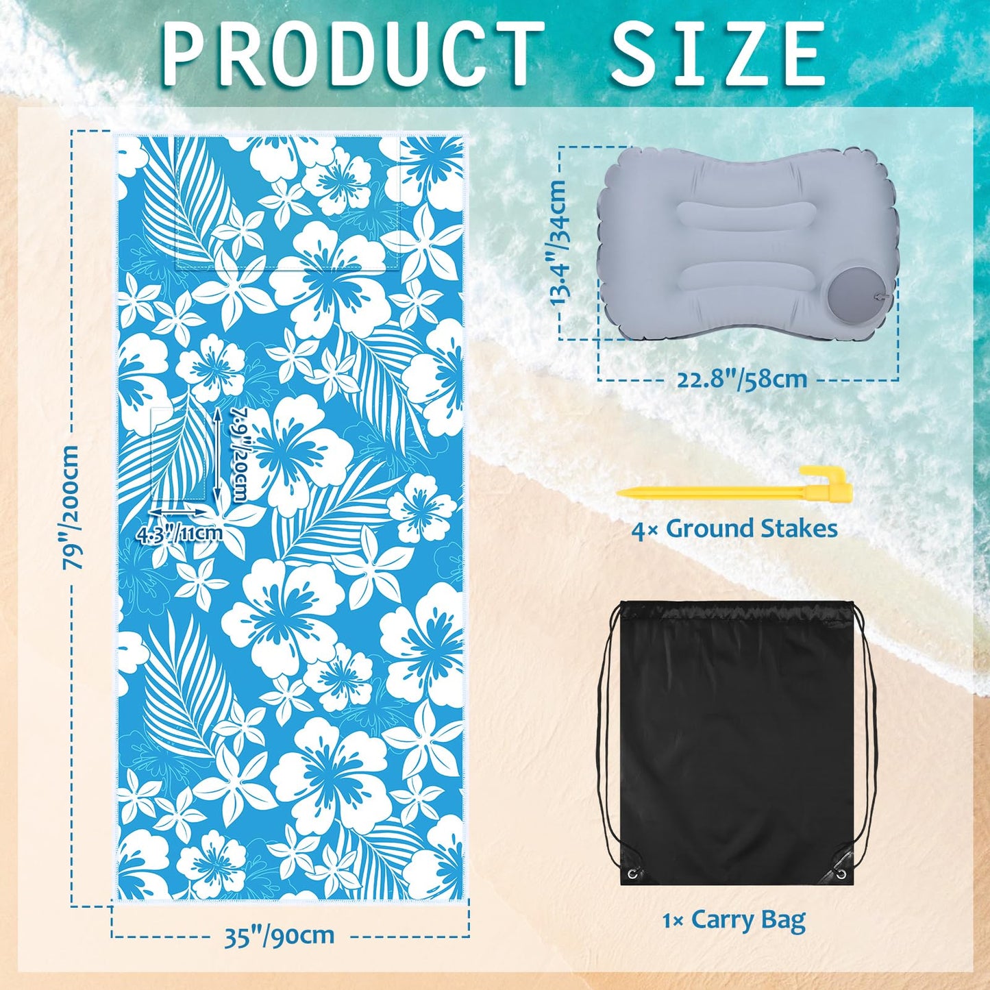 GJQ Beach Blanket Waterproof Sandproof with Inflatable Pillow, 79"×35" Sand Free Beach Mat with 4 Stakes & Carry Bag, Lightweight Portable Beach Blankets for Beach Travel Camping Picnic