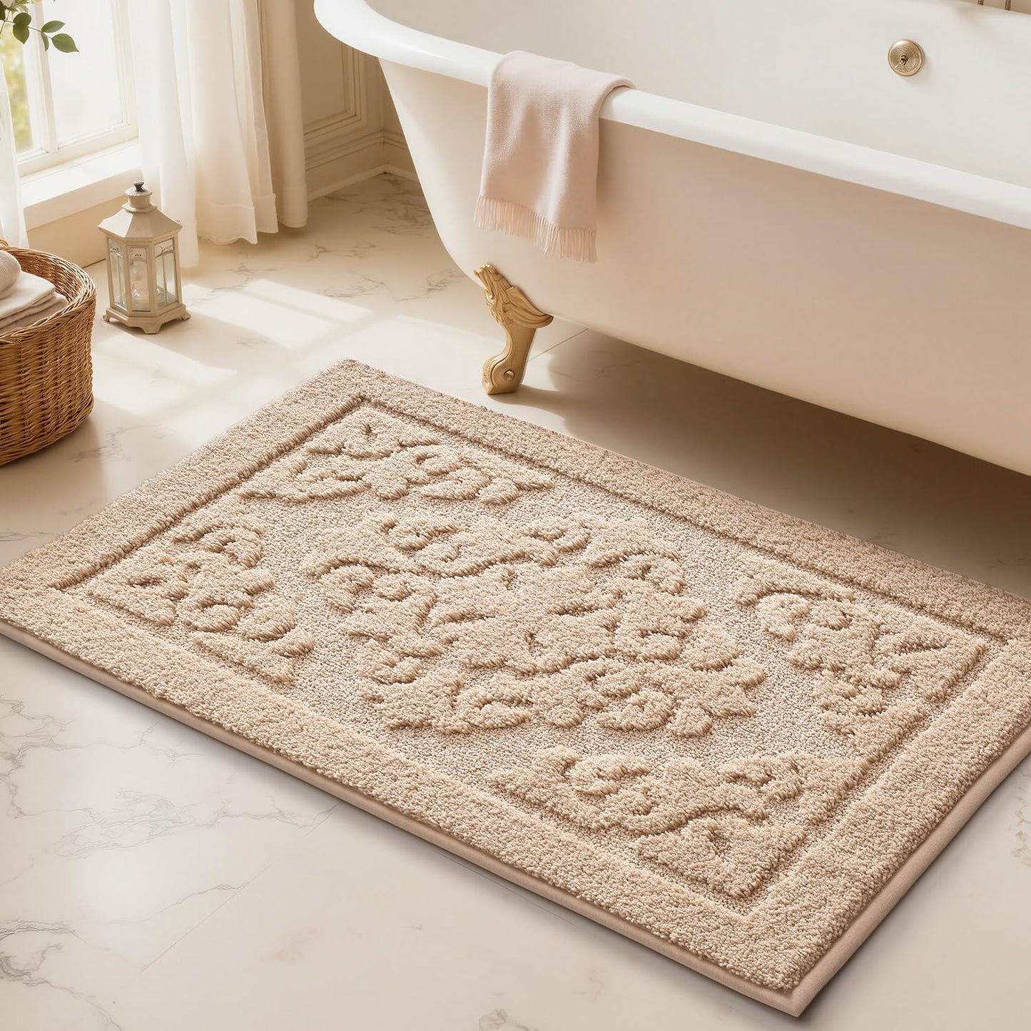 LUMI Ultra Absorbent Bathroom Rug Non Slip Rubber Backing, Machine Washable Bath Mat Soft Premium Microfiber, Elegant Floral Bath Rugs Quick Dry for Bathtub and Shower Floor, Decor, 24x36