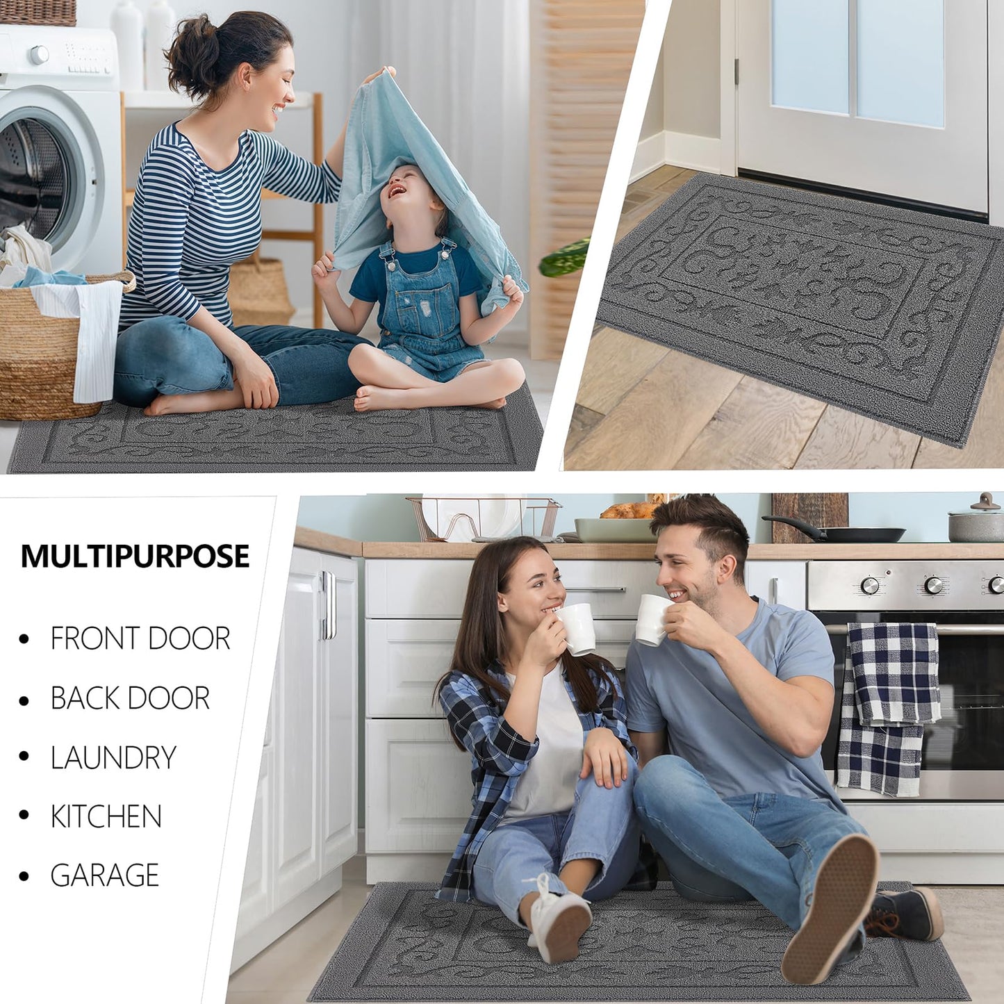 FONEYI Indoor Door Mat for Entryway 24" x 36", Absorbent Dirt Trapper Doormat with Non-Slip Backing, Low Profile Washable Entry Rug for Front Door, Muddy Shoes & Dog Paws, Grey
