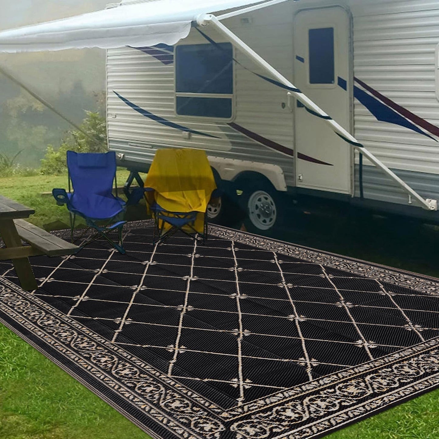 HiiARug Outdoor Rug 8'x10' for Patios Waterproof Patio Rugs Outdoor Mats for Front Porch,Beach Mat,Reversible Plastic Straw Camping Rugs for Outside RV,Deck,Balcony,Backyard，Black&Beige