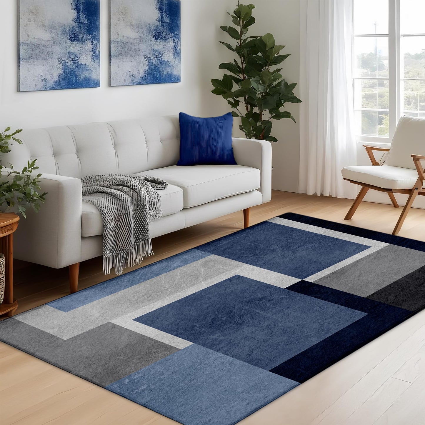 AICLIV Washable Low-Profile Geometric Area Rug, 0.2 inch Thin Abstract Rug Design for Living Room & Bedroom Decor, 3x5 ft Blue Grey Modern Non-Slip Floor Rug