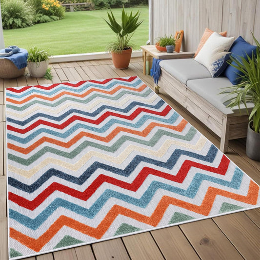 Superior Chevron Indoor Outdoor Area Rug, Modern Aesthetic, Floor Cover for Patio, Poolside, Backyard, Playroom, Kitchen, Dining Room, Entry, Mudroom, Coastal Zig-Zag Rugs, 4' x 6', Multi-Color