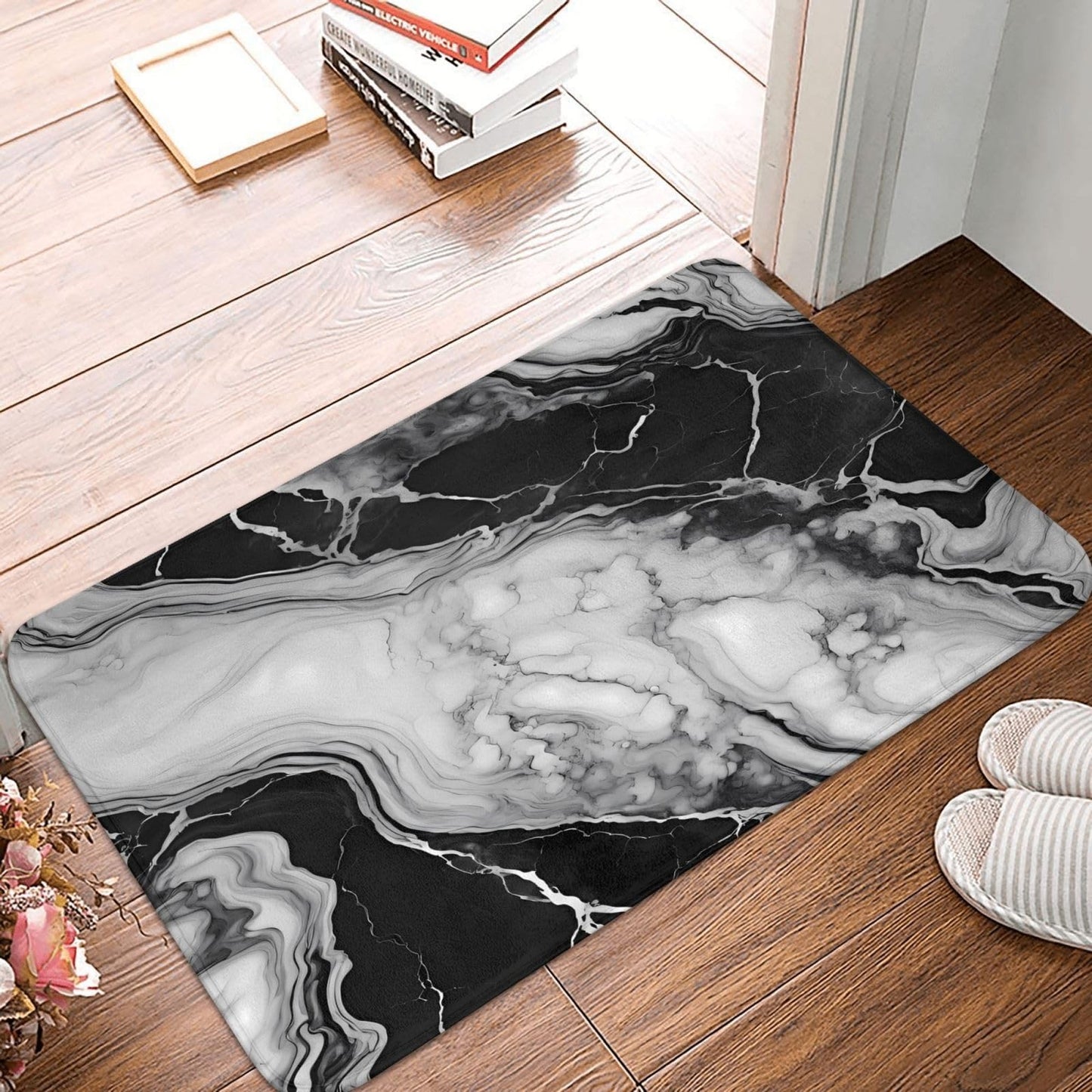 Sovvin Black and White Marble Bath Mat, Non-Slip Microfiber Rug, Soft Absorbent Kitchen Door Mat for Bathroom,Bedroom, 16x24 Inches