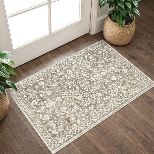 SILOLOOM Vintage Entryway Rug Indoor, Beige Taupe Washable 2x3, Neutral Small Area Non-Slip Throw Accent Floral Kitchen Rug Print Faux Wool Super Soft Front Door Floor Carpet for Foyer Bedroom