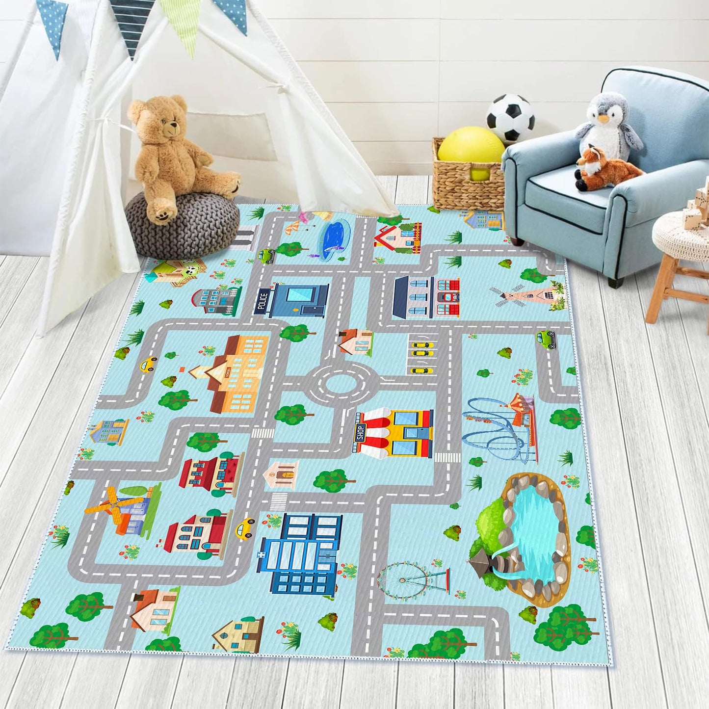 DoRlPIeY Kids Car Rug, 2' 7" x 4' City Life Road Traffic Game Carpet for Race Cars & Toys, Fun Non-Slip Race Track Educational Floor Area Playmat for Toddler Boys Bedroom Playroom Classroom Blue