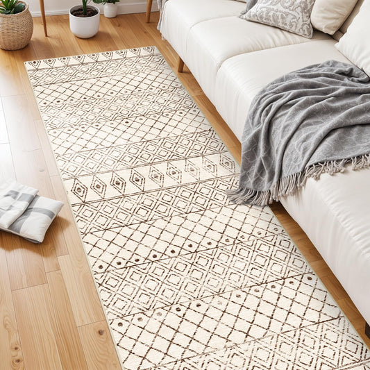 BYYVOO 2'6"x8' Washable Hallway Runner Rug - Moroccan Kitchen Non Slip Rug Low Pile Floor Carpet with Rubber Backing Vintage Indoor Mats for Living Room Bedroom Laundry 2'6"x8' Geo Beige