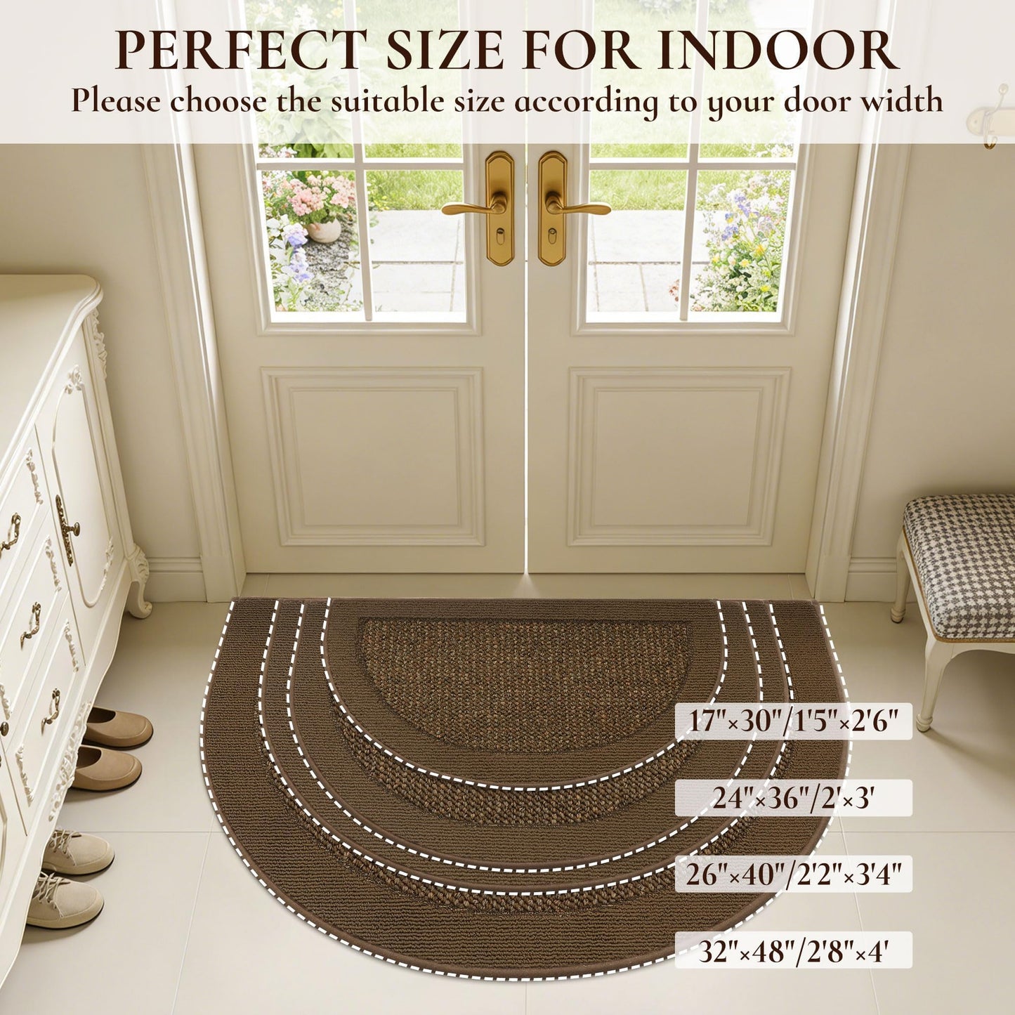 FLOORHUG Half Circle Door Mat Indoor Entrance Welcome, Non-Slip Washable Doormat, Trap Dirt and Moisture, Low Profile Mats for Indoor Entry, 24"x36", Brown