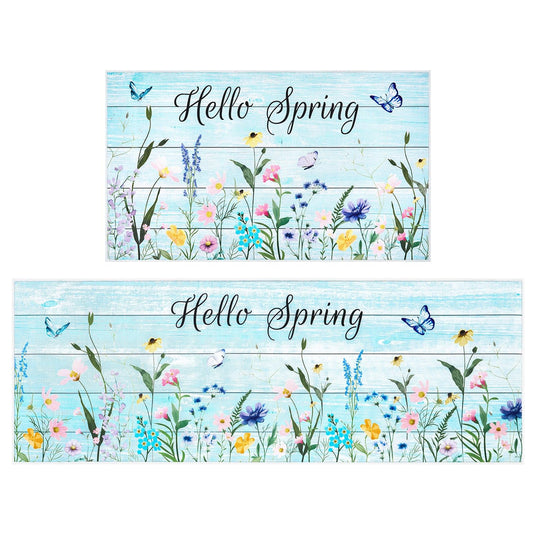 WERNNSAI Hello Spring Kitchen Decor Rugs Set- 2 Piece Kitchen Mats Non-Slip Kitchen Backing Area Rugs Sweet Home Doormat Washable Waterproof Standing Mat for Indoor Outdoor Entry Floor