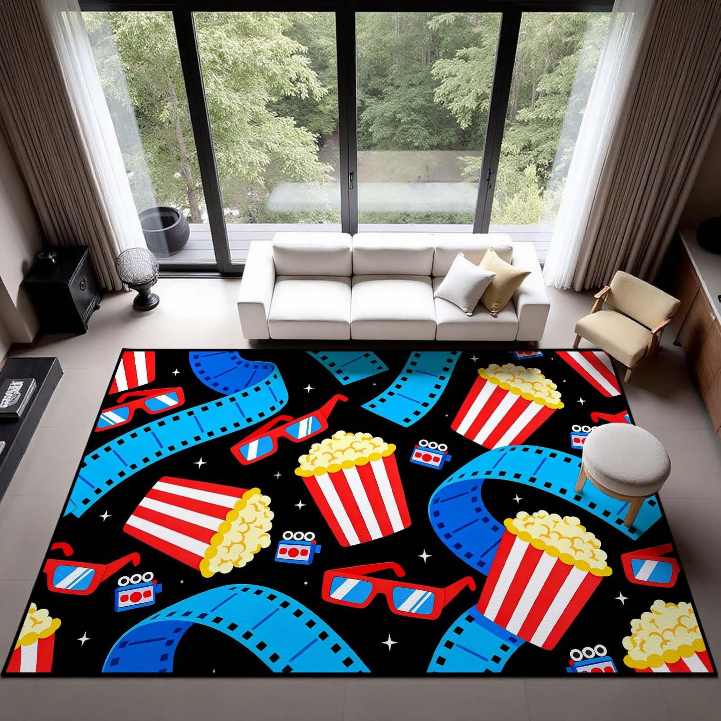 Movie Theater Area Rug, Popcorn Film Reel & 3D Glasses Rug, Cinema Sign Rugs, Movie Night Home Theater Rugs, Washable Non-Slip Soft Low Pile Home Cinema Carpet (4' x 6'(Rectangular))