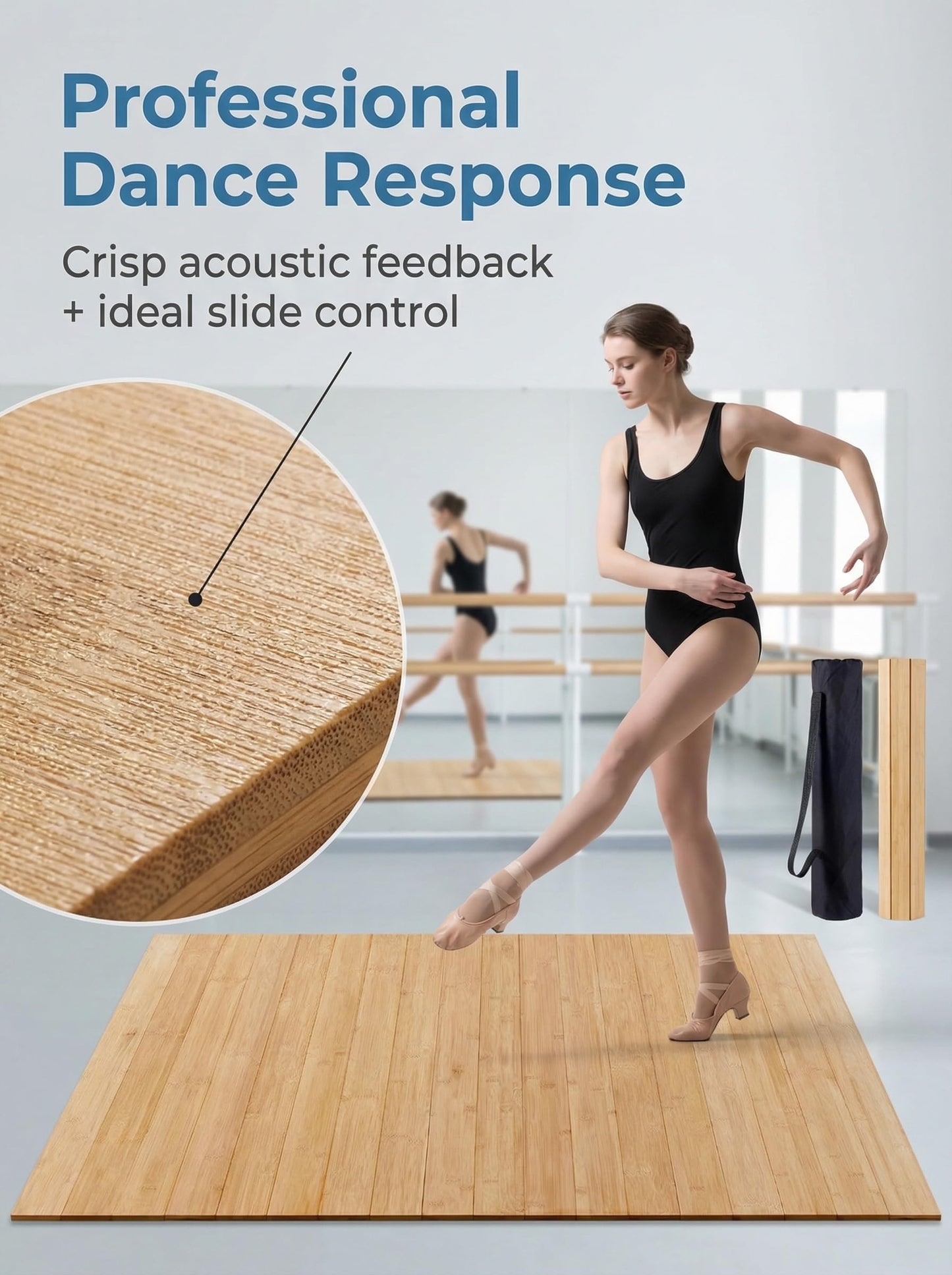 Glidemax Portable Bamboo Tap Dance Floor Mat - 48.2"x38.5" Large Reversible Practice Floor with Storage Bag, Non-Slip & Sound Enhanced for Home, Studio, Outdoor Use on Any Surface