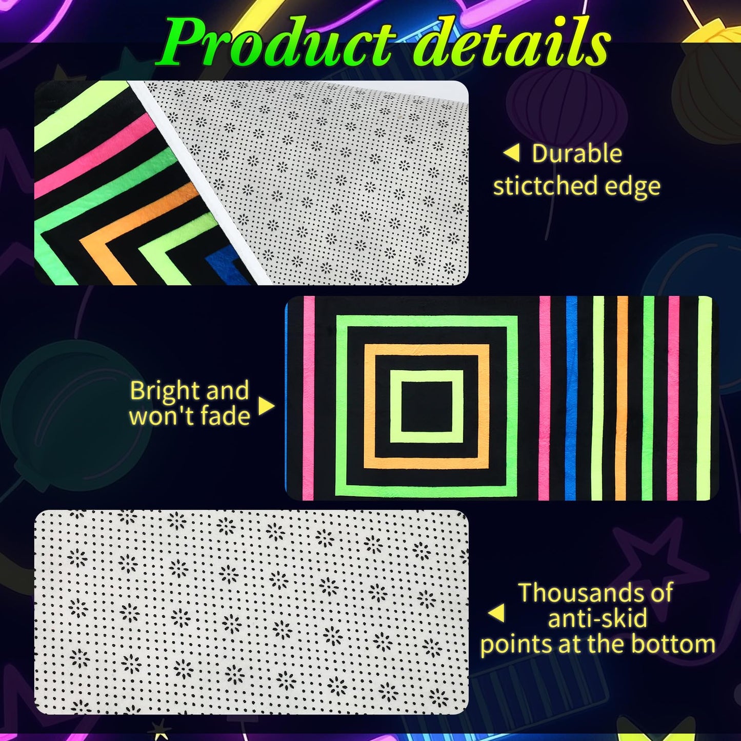 Duraaamo 39×39'' Neon Dance Floor, Glow in The Dark Dance Floor 80s 90s Party Decoration, Blacklight Rug UV Reactive Fluorescent Non-Slip Carpet Runner for Birthday Game Playroom(Square)