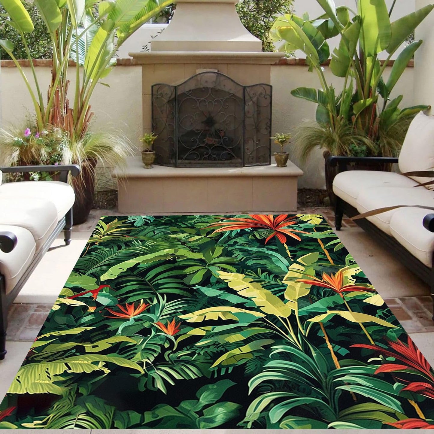 Natural Vibrant Green Red Jungle Rug for Porch Patio Deck Veranda Balcony Garden Machine Washable Non Slip Waterproof Large Carpet Backyard Foyer Camping Poolside Tropical Botanical Outdoor Rugs 3x5